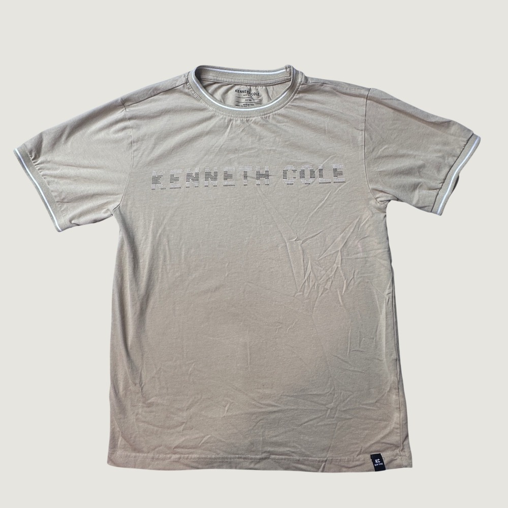 Kenneth Cole T-Shirt Kids 14/16 Tan Studded Logo Short Sleeve Crew Neck Cotton
